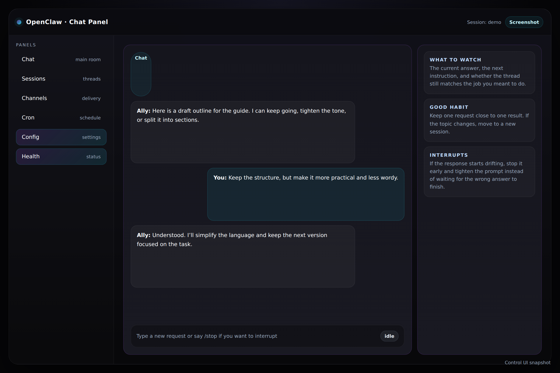 OpenClaw chat panel screenshot