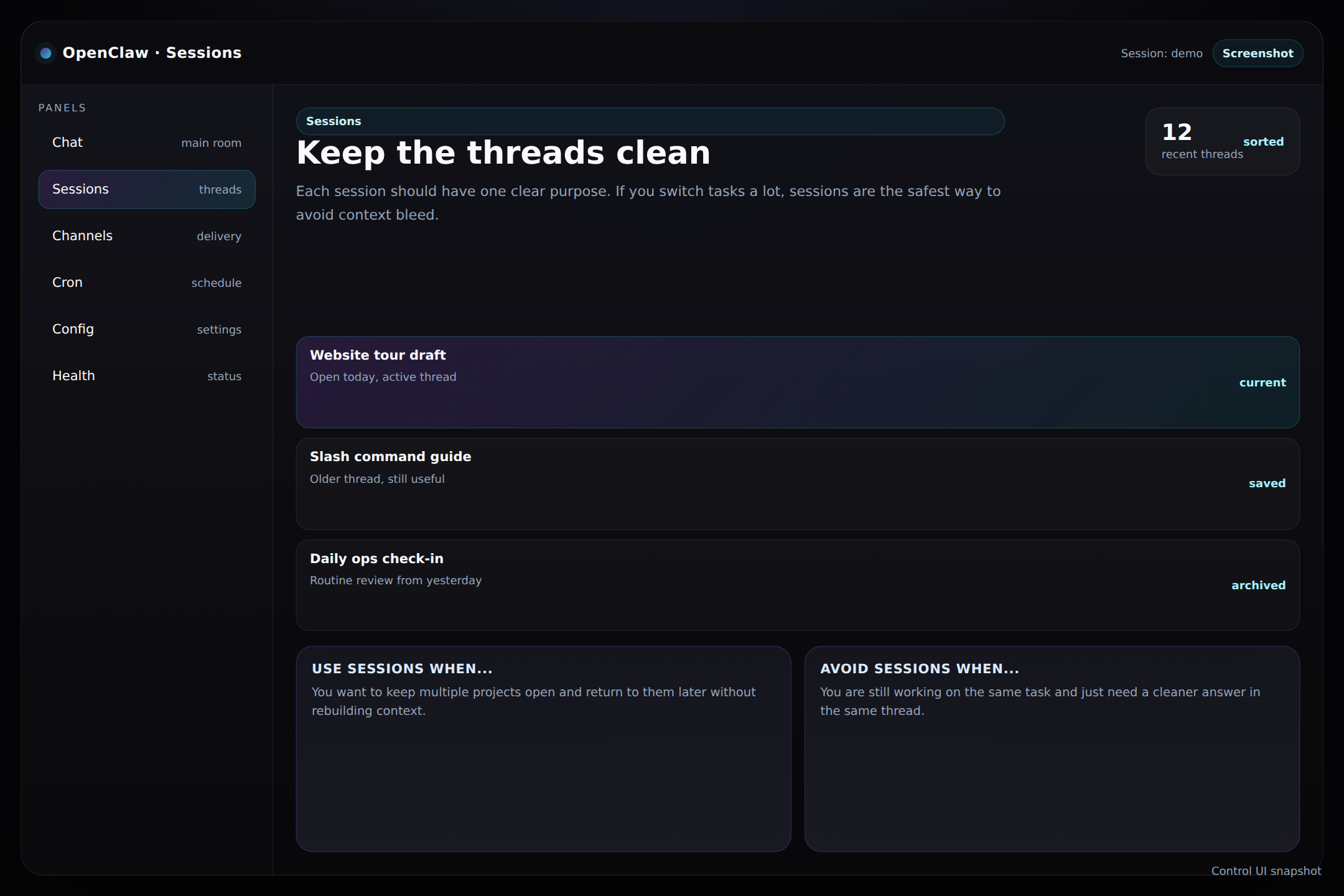 OpenClaw sessions panel screenshot