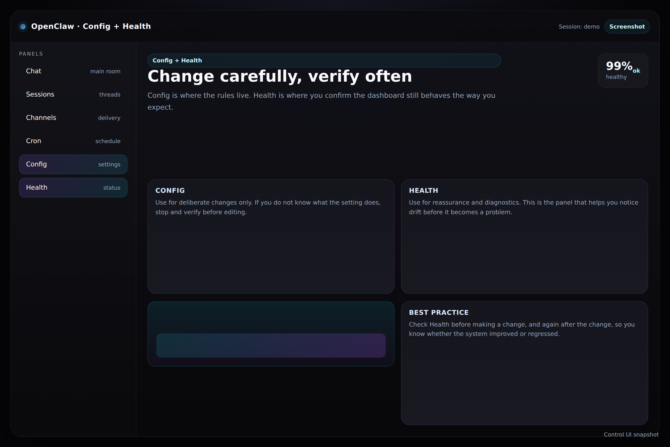 OpenClaw config and health screenshot