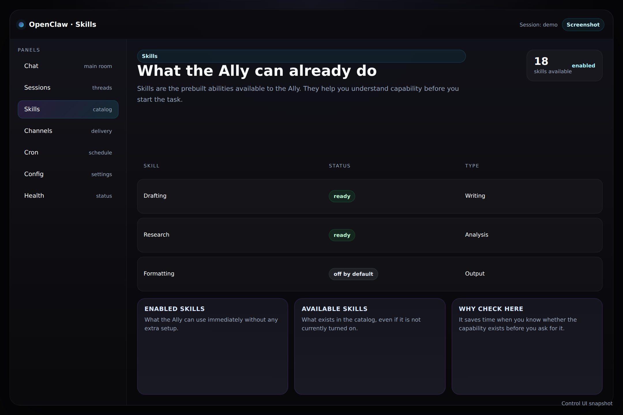 OpenClaw skills panel screenshot